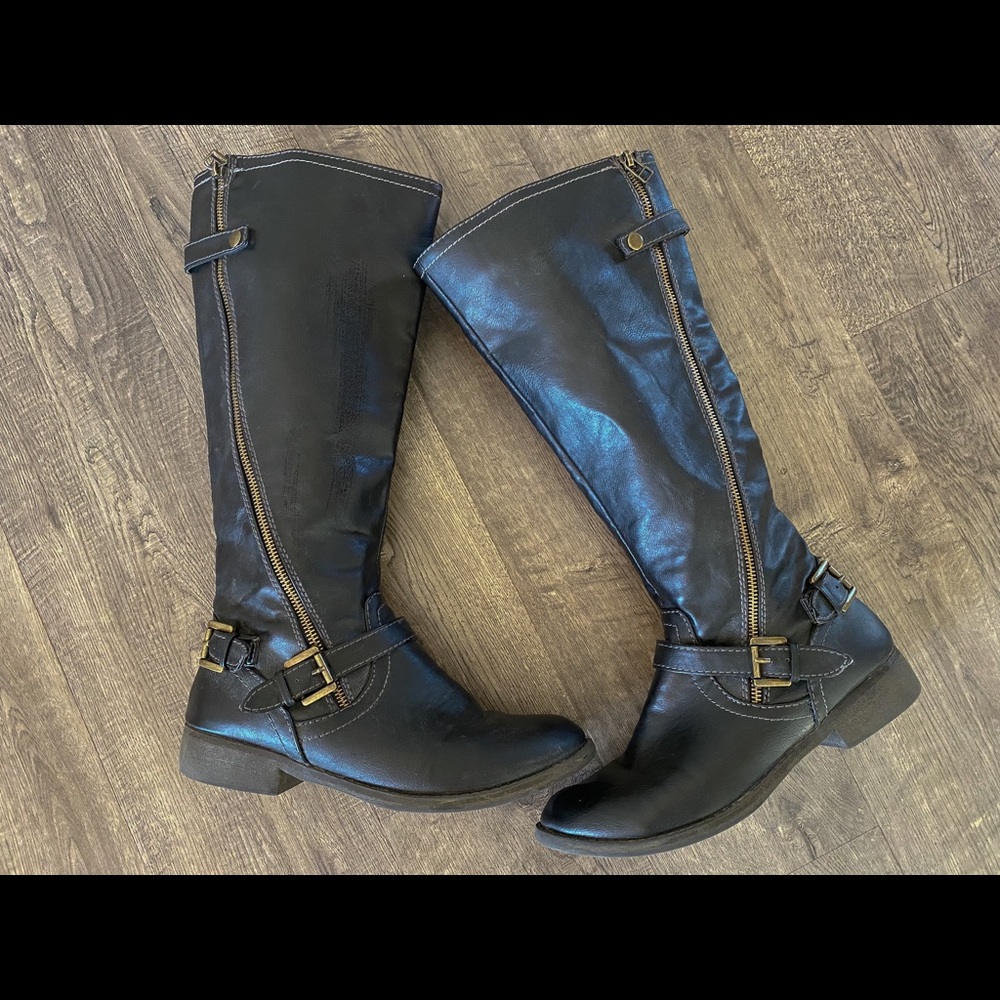Tall Black Boots with Gold zipper Detail